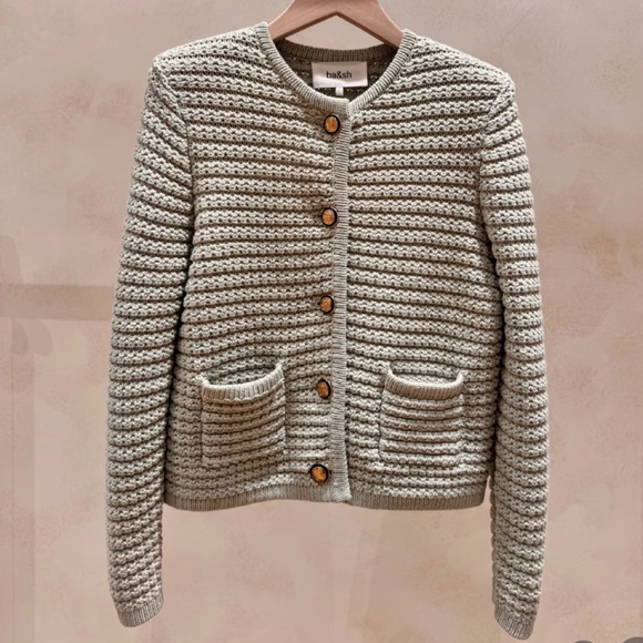 NEW Ba&sh Bash Gaspard Tweed Cardigan Jacket in Light Pastel Green - Picture 3 of 9